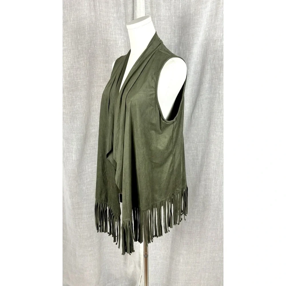 Open Front Ultra Suede Vest Tassels Size S/M Festival Boho Olive Green‎ Vegan
